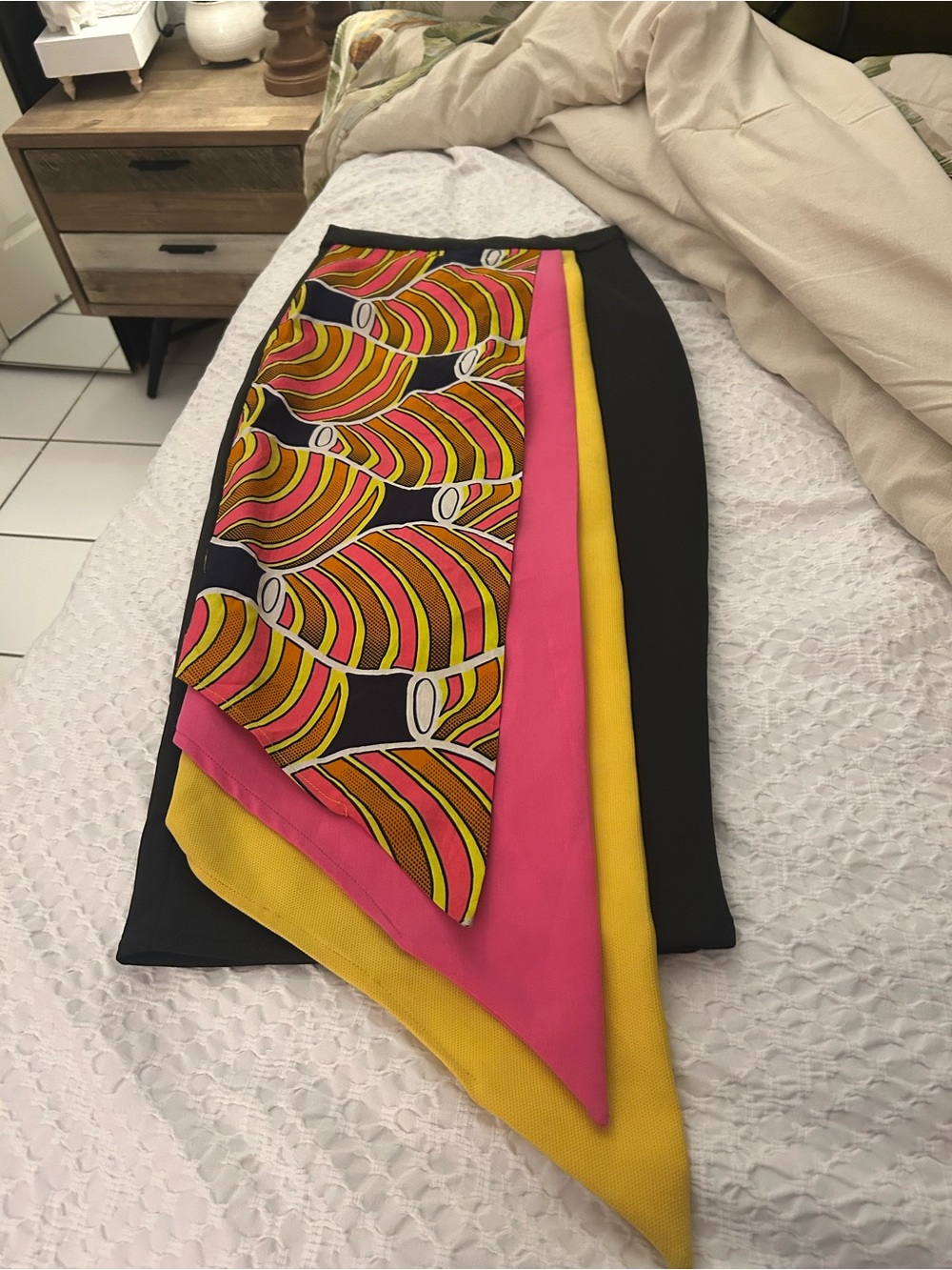 Black Asymmetric Pencil Skirt with Pink and Yellow Scarf Detail